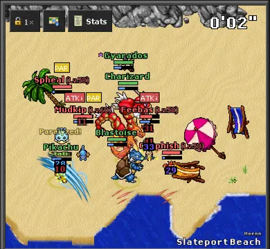 The battle: damage numbers and a critical hit as the two teams clash on the beach