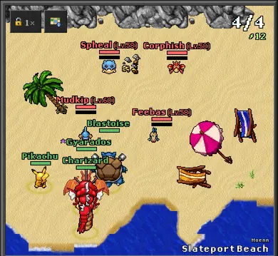 On a phone: four Pokémon placed on the sand of Slateport Beach, across from the defenders
